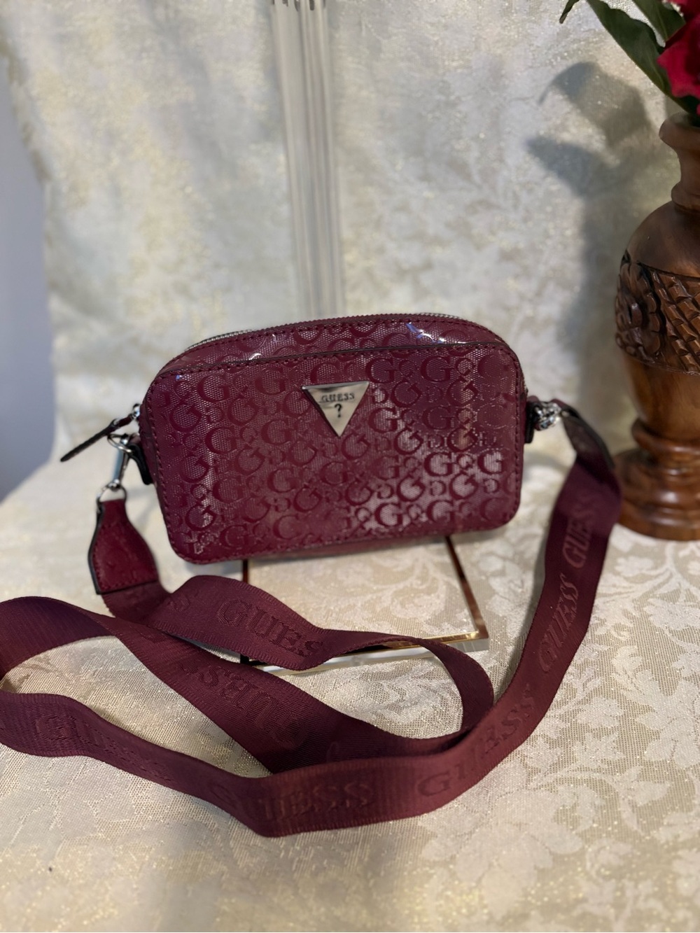 GUESS Burgundy Patent Logo Crossbody Bag